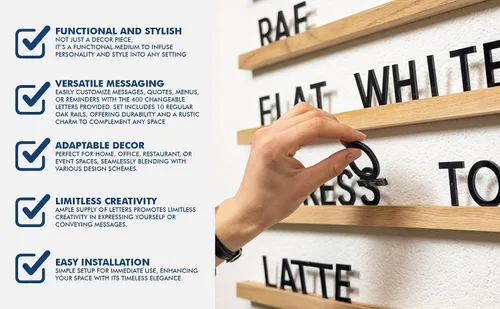 Vista 5 de Inko Horeca Tablero de Letras de Madera para Pared - Juego de 10 Rieles de Roble + 400 Letras Negras Intercambiables - Estante Flotante de Rieles