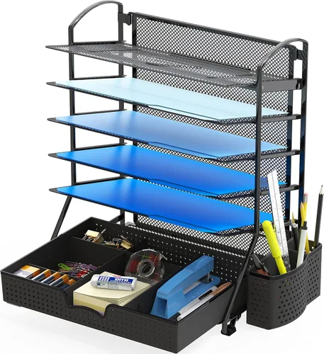 Vista 4 de SimpleHouseware - Organizador de 6 bandejas para documentos con cajón deslizante de suministros, color negro