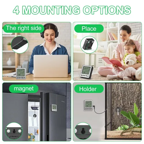 Vista 6 de Termómetro Digital para Refrigerador y Congelador con Sensor Extra Termómetro para Reptiles Higrómetro Máximo y Mínimo Recordatorio Negro ZZ20