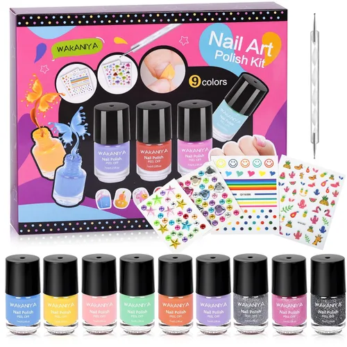 Vista 7 de wakaniya Kit de esmalte de uñas para niños, no tóxico, secado rápido, despegable, mini esmalte de uñas para niños pequeños con calcomanías de gemas