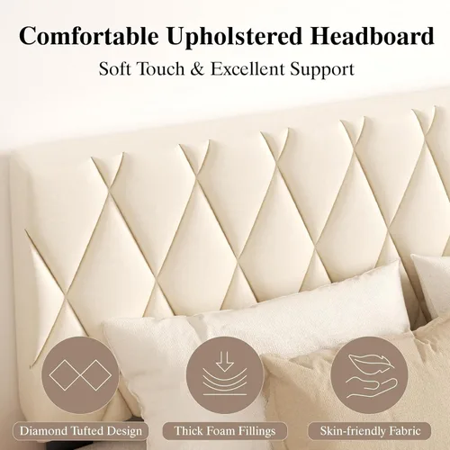 Vista 4 de CXVX Marco de cama tamaño completo con cabecera capitonada de diamante, cama plataforma tapizada en terciopelo y soporte de listones de madera, sin