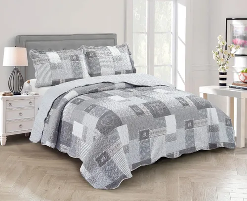 Vista 19 de Brilliant Sunshine Multi Grey Stripes Patchwork, juego de edredón de 3 piezas con 2 fundas, colcha reversible, colcha ligera suave, para todas