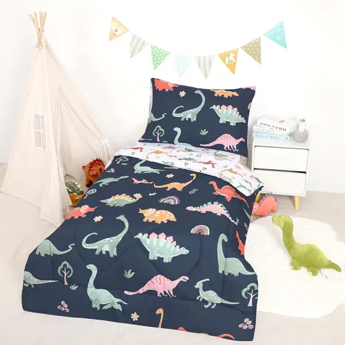 Vista 6 de Juego de ropa de cama para niños pequeños, ropa de cama de 4 piezas para niños pequeños, juego de edredón súper suave para cuna, incluye edredón