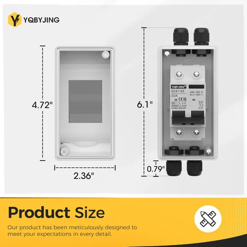 Vista 65 de Interruptor de desconexión de panel solar CC 20 Amp AC Caja de interruptor de circuito en miniatura 500V 2 polos con caja IP65 impermeable a prueba