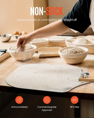 Vista 3 de Pala de Pizza de Aluminio Espátula de Pizza, Mooues Pala de Pizza de Metal de 12 pulgadas (12"x 14") con Cortador Basculante Mango de Madera