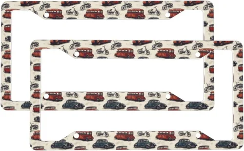 2 Pcs Car License Plate Frames for Women Men - Vintage Car Print Solid Aluminum License Plate Cover for Car Accessories with Fasteners and Screws