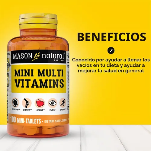 Vista 2 de MASON NATURAL Mini vitaminas A, C, D3, E, B1, B2, B3, B6, B12, folato y calcio para la salud general, 100 tabletas