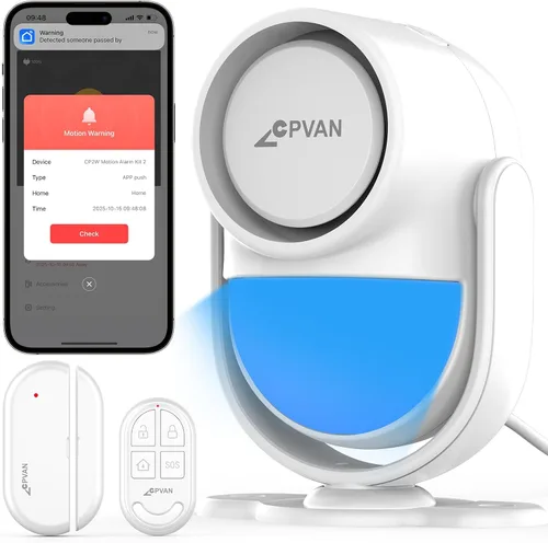 Vista 15 de CPVAN Alarma con sensor de movimiento WiFi, detector de movimiento PIR inteligente de 125 dB con alertas de aplicación de teléfono, sistema de Negro
