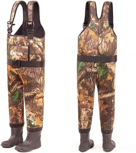Vista 4 de Vadeador de pecho térmico e impermeable de neopreno para niños de 0.197 in con botas de goma, Hoja de arce camuflaje