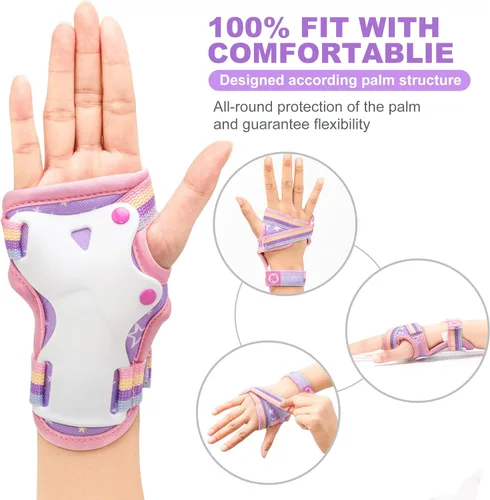 Vista 5 de Patines pequeños de unicornio arcoíris púrpura para niños, color verde con equipo de protección