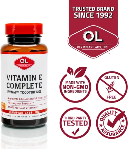Vista 4 de Olympian Labs Vitamin E Complete Tocomin, 200IU 60 Softgels, Fight Free Radicals, Supports Brain, Skin & Hair, 60 Servings