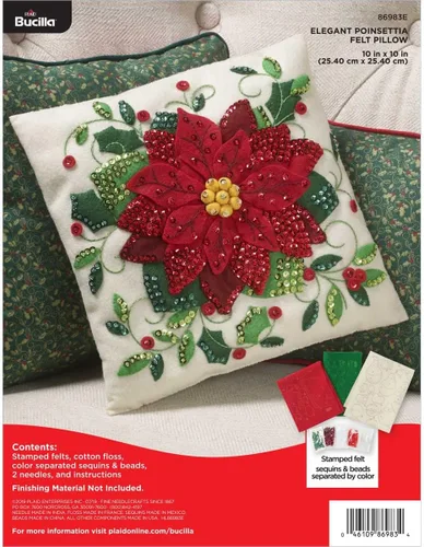 Bucilla Kit de apliques de fieltro, kit de almohada de fieltro navideño de 10" x 10", flor de pascua elegante