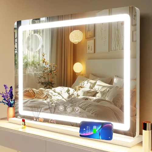 Gvnkvn Espejo de tocador de maquillaje con puerto de carga USB de 28 x 22 pulgadas, espejo de maquillaje LED grande de escritorio con luces, espejo