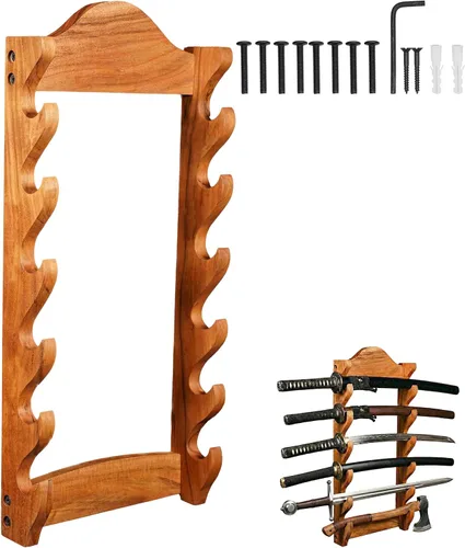 Vista 17 de Mythrojan Soporte de espada medieval de madera maciza horizontal para katana, samurái, gladiador, espadas cruzadas, soporte de mesa elegante, 1 nivel