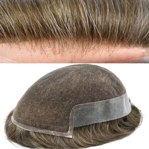 Vista 69 de Tupé de encaje suizo para hombres, piezas de cabello humano real, encaje frontal, sistema de reemplazo de cabello tipo tupé, nudo blanqueado, línea