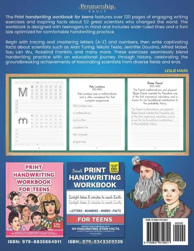 Vista 2 de Print Handwriting Workbook for Teens Improve your Penmanship with Facts about 52 Great Scientists who Changed the World