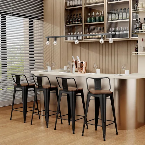 Vista 77 de Juego de 4 taburetes de bar giratorios de 26 pulgadas con respaldo, altura de mostrador, taburetes de bar industriales de metal para el hogar