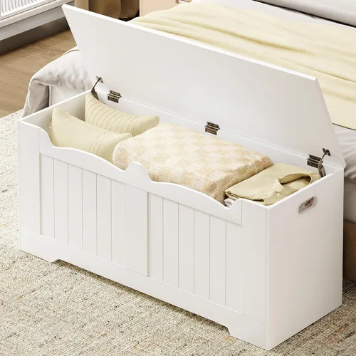 Vista 13 de Hzuaneri Baúl de almacenamiento de 43.3", baúl de banco de almacenamiento extragrande con 2 bisagras, caja de madera, organizador de baúl con tapa