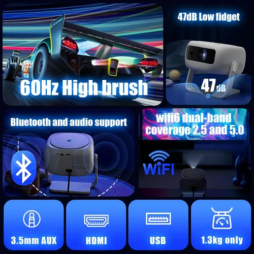 Vista 5 de Proyector Native HD 1080P con soporte 4K, WiFi 6, Bluetooth, diseño a prueba de polvo, enfoque motorizado, altavoz integrado, proyector inteligente