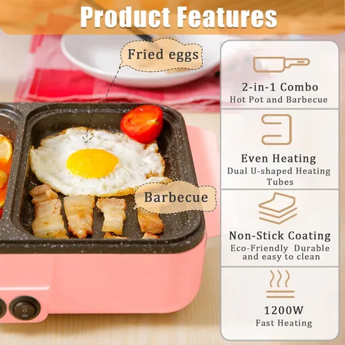 Vista 3 de Combo de olla eléctrica 2 en 1 y parrilla – Control de temperatura doble, antiadherente, calentamiento rápido – Aparato de cocina interior rosa