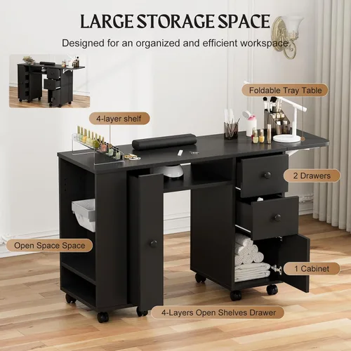 Vista 11 de Paddie Mesa de manicura con mesa extensible, mesa de escritorio de uñas para tecnología de uñas con soporte para bolsa de basura y cajón vertical