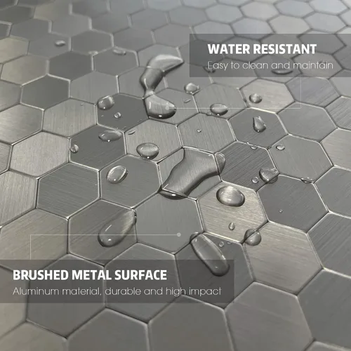 Vista 7 de Protector contra salpicaduras de acero inoxidable hexagonal despegar y pegar, azulejos de pared autoadhesivos de aluminio despegar y pegar