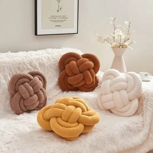 Vista 2 de Xiashrk - Almohada de nudo en forma de bola, almohadas decorativas suaves de 12" para sofá, cama, almohada de lujo en tono marfil blanco con nudo