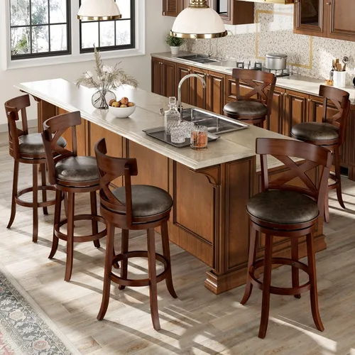 Vista 18 de Sophia & William Swivel Counter Height Bar Stools Set of 2, 26 Inch Faux Leather Barstools with Backrest & Solid Wood Legs, Brown Kitchen Counter