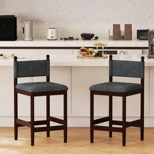 Bonzy Home Juego de 2 taburetes de bar tapizados modernos de 26 pulgadas con respaldo y asiento acolchado, sillas de bar con marco de madera maciza