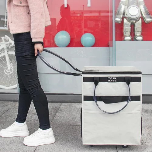 Vista 5 de Bolsa de comestibles reutilizable sobre ruedas, carrito de compras con 8 bolsillos y cubierta con cremallera, bolsa plegable con ruedas, asas