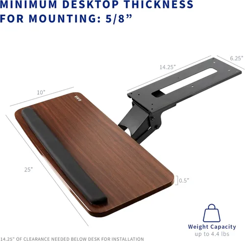 Vista 5 de VIVO Bandeja ajustable para teclado y mouse de computadora, soporte ergonómico para debajo de la mesa, cajón debajo del escritorio, parte superior