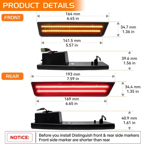 Vista 4 de Lentes ahumadas ámbar rojo LED luces de marcador lateral para Dodge Challenger 2008 2009 2010 2011 2012 2013 2014, Challenger delantero trasero