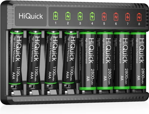 Vista 2 de HiQuick Cargador de batería inteligente de 8 bahías con batería 4AA y 4AAA + 8 pilas recargables AA