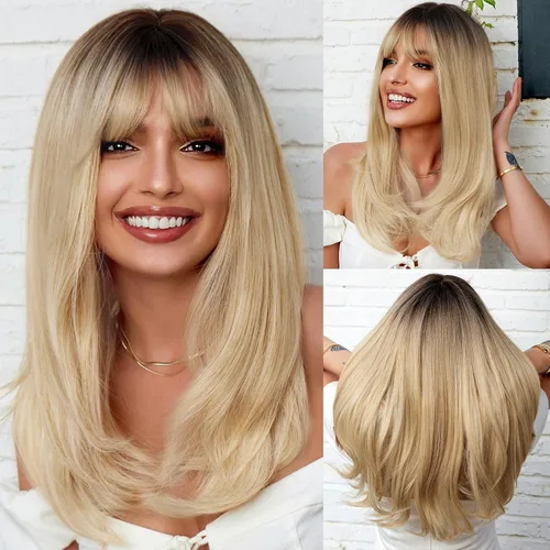 Vista 11 de HAIRCUBE Pelucas de cabello sintético con flequillo color marrón ombré para mujer, largas, onduladas, en capas, resistentes al calor, para uso