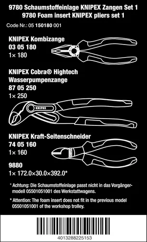 Vista 2 de Wera 05150180001 9780 Inserto de espuma KNIPEX Alicates Set 1, 3 Piezas