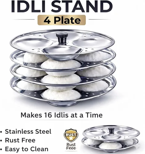 Vista 2 de Stainless Steel Idli Stand 4 Tier Silver Idli Maker Rack for Soft Idlis Durable Steamer Accessory for Pressure Cooker and Electric Cooker Indian