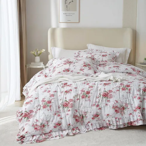 Vista 54 de VM VOUGEMARKET Juego de edredón de encaje tamaño Twin XL, edredón a cuadros azul con patrón Gingham con 2 fundas de almohada románticas de encaje