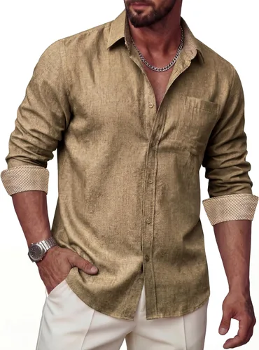 Vista 23 de Camisas de lino para hombre, casual, de manga larga, con botones, ajuste regular, cuello en contraste, con bolsillo