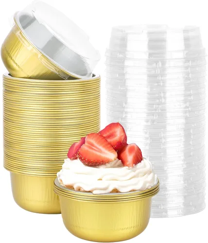 Vista 15 de Beasea Tazas de Ramekin de Aluminio con Tapa, 50 Unidades 6.1oz 180ml Mini Ramekins Desechables de Aluminio para Horno, Tazas Redondas para Cupcakes