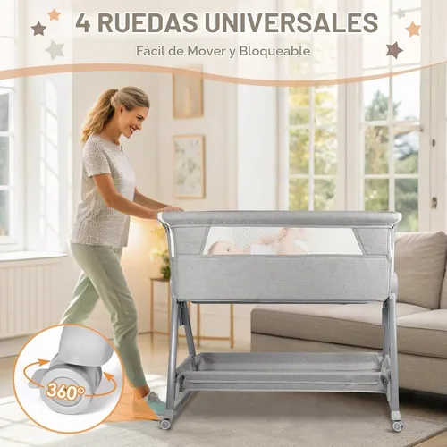 Vista 2 de BIERUM Moisés de bebé para bebé – Moisés de noche ajustable de 7 alturas con ruedas bloqueables, fácil de montar, cuna portátil con bolsa de Gris