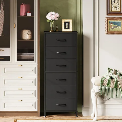 Vista 4 de WLIVE Cómoda Alta Negra para Dormitorio, Cómodas y Arcones de 6 Cajones, Cómoda de Tela para Closet, Sala de Estar, Mesa de Noche con Marco