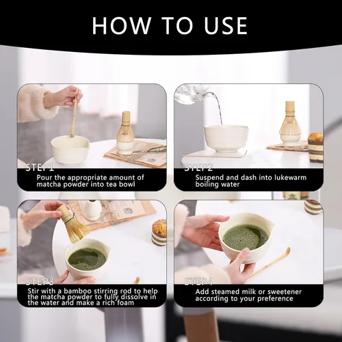 Vista 2 de Juego de té Matcha – Kit de ceremonia tradicional japonesa con cuenco de cerámica de 18.5 onzas, batidor de bambú, cuchara y soporte – ideal