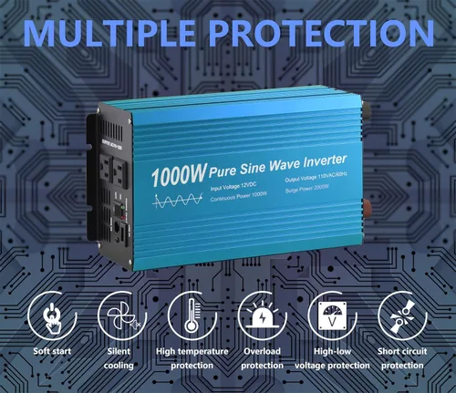Vista 5 de Inversor de Potencia de Onda Senoidal Pura 1000W DC12V a AC 110V con enchufes duales y USB, kit con LCD y control remoto. (1000W)