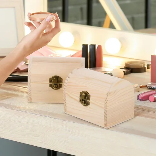 Vista 7 de Aodaer Cofre del tesoro de madera sin terminar decorativo con tapa con bisagras y cierre de bloqueo, cajas de madera lisas para decorar pasatiempos