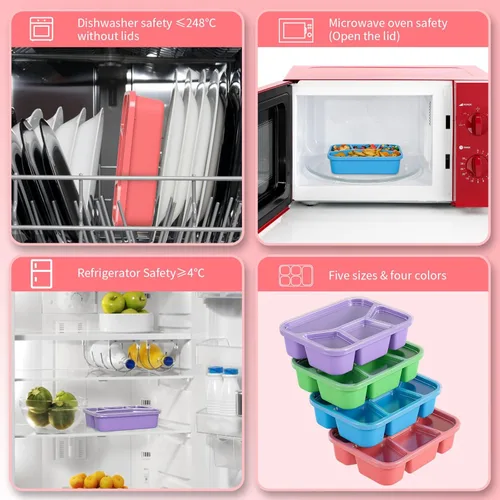 Vista 4 de Bento - Lonchera para adultos (paquete de 4), recipiente de preparación de comidas de 4 compartimentos con cubierta transparente, contenedores