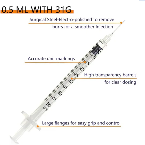 Vista 2 de Paquete de 100 jeringas de 1/2 ml/cc de 31Ga para suministros de laboratorio, empaquetadas individualmente