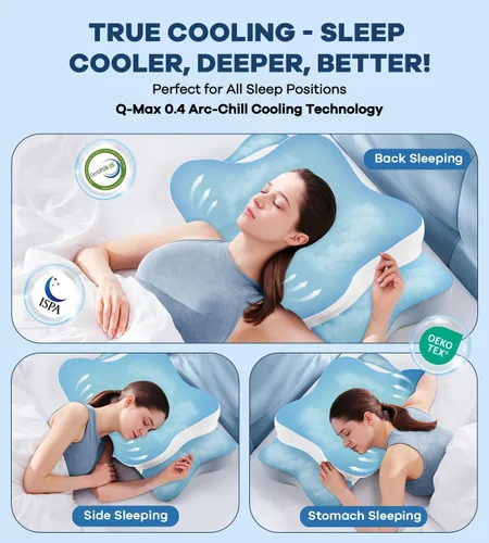 Vista 6 de DONAMA Almohada cervical para aliviar el dolor de cuello y hombros, almohada de espuma viscoelástica de contorno refrescante, almohada ergonómica