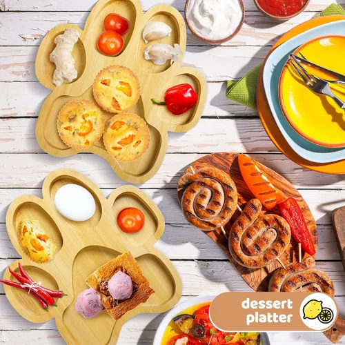 Vista 6 de Teling 2 bandejas de bambú para servir bocadillos de madera con 5 ranuras, tablero de charcutería de bambú, cuenco de madera para dulces, regalos