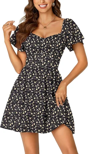Vista 28 de Rooscier Minivestido acampanado de manga corta con volantes, cuello cuadrado, envolvente y espalda anudada para mujer
