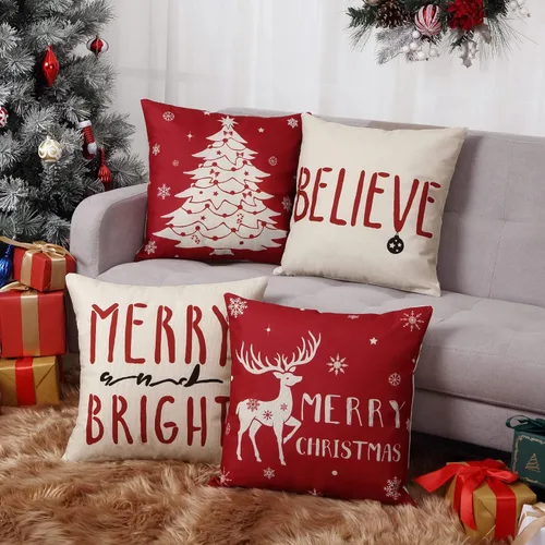 Vista 8 de CAROMIO Juego de 4 fundas de almohada decorativas de Navidad de 18 x 18 pulgadas, fundas de almohada para decoración de casa de campo para el hogar